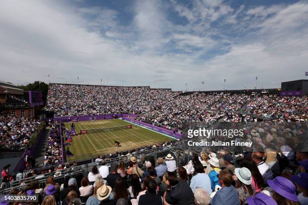 General view as Matteo Berrettini of Italy plays a backhand against Filip Krajinovic of Serbia during the Men's Singles Final match on day seven of...