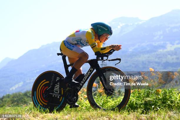 Sergio Andres Higuita Garcia of Colombia and Team Bora - Hansgrohe yellow leader jersey sprints during the 85th Tour de Suisse 2022 - Stage 8 a...