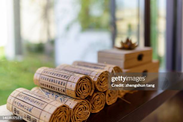 bamboo slips on the desk in the study - calligraphy stock pictures, royalty-free photos & images