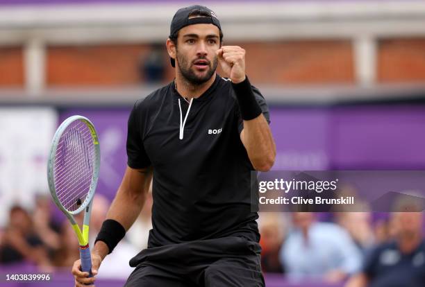 Matteo Berrettini of Italy celebrates after winning a point against Filip Krajinovic of Serbia during the Men's Singles Final match on day seven of...