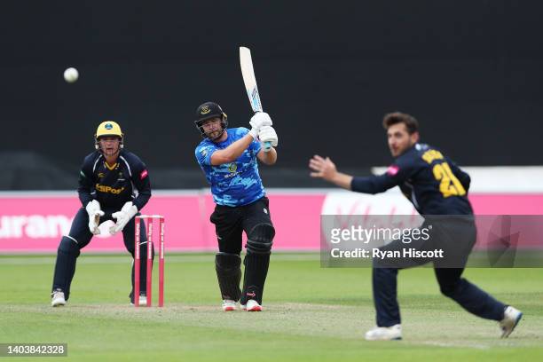 Luke Wright of Sussex bats during the Vitality T20 Blast match between Glamorgan and Sussex Sharks at Sophia Gardens on June 19, 2022 in Cardiff,...