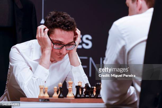 Fabiano Caruana of the United States competes during his game against Jan-Krzysztof Duda of Poland in the third round of competition at the FIDE...