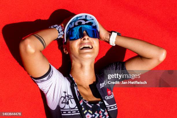 Corina Ryf of Switzerland reacts after winning the IRONMAN 70.3 Rapperswil on June 19, 2022 in Zurich, Switzerland.