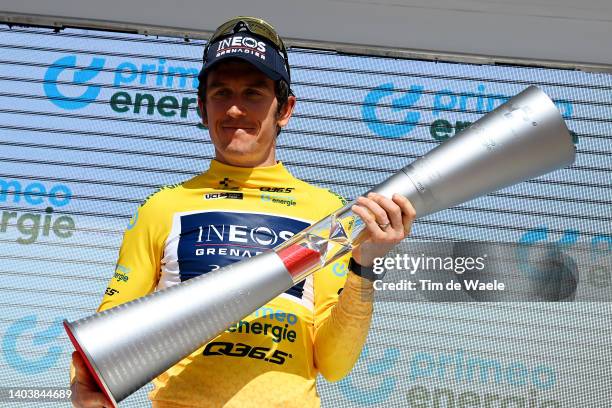 Geraint Thomas of The United Kingdom and Team INEOS Grenadiers celebrates winning the yellow leader jersey on the podium ceremony after the 85th Tour...