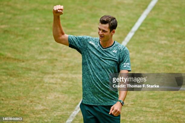 Hubert Hurkacz of Poland celebrates winning the final match against Daniil Medvedev of Russia during day nine of the 29th Terra Wortmann Open at...