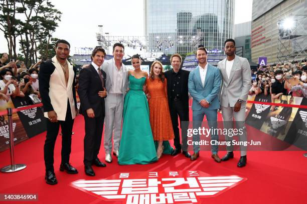 Actors Greg Tarzan Davis, Glen Powell, Jerry Bruckheimer, Tom Cruise, Miles Teller and Jay Ellis attend the Korea red carpet for "Top Gun: Maverick"...
