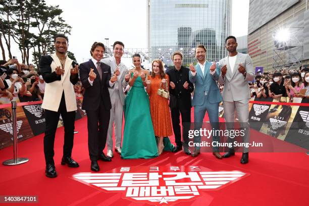 Actors Greg Tarzan Davis, Glen Powell, Jerry Bruckheimer, Tom Cruise, Miles Teller and Jay Ellis attend the Korea red carpet for "Top Gun: Maverick"...