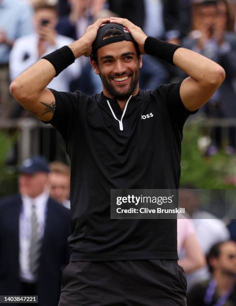 Matteo Berrettini of Italy celebrates after winning against Filip Krajinovic of Serbia during the Men's Singles Final match on day seven of the cinch...