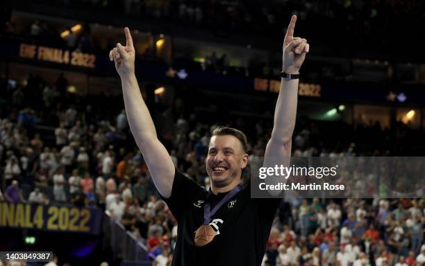 Filip Jicha, head coach of THW Kiel celebrates after winning over Veszprem HC during the EHF Champions League Final4 Men 3rd place match between THW...