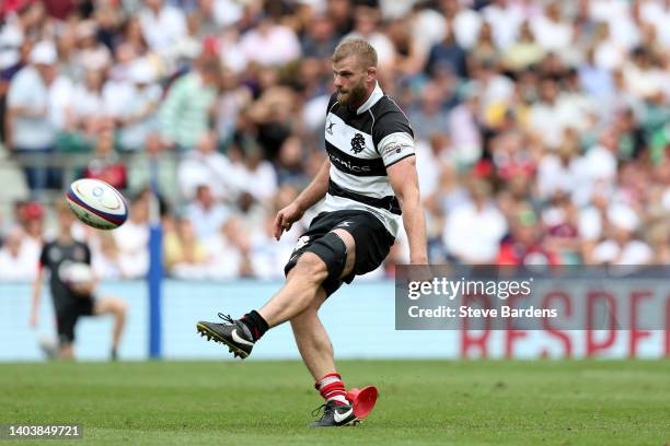 George Kruis of Barbarians kicks a conversion during the International match between England and Barbarians at Twickenham Stadium on June 19, 2022 in...