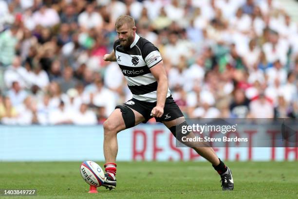 George Kruis of Barbarians kicks a conversion during the International match between England and Barbarians at Twickenham Stadium on June 19, 2022 in...