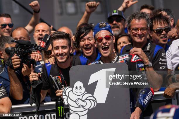 Fabio Quartararo of France and Monster Energy Yamaha MotoGP celebrates with his team at parc ferme during the race of the MotoGP Liqui Moly Motorrad...
