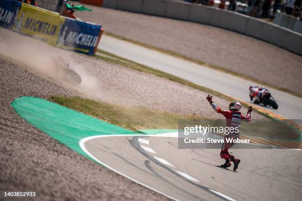 Francesco Bagnaia of Italy and Ducati Lenovo Team can't believe his crash at turn one during the race of the MotoGP Liqui Moly Motorrad Grand Prix...