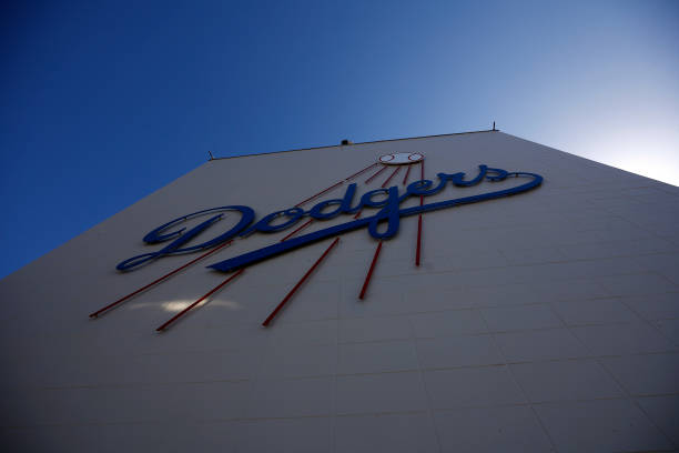 Los Angeles Dodgers logo at Dodger Stadium on June 18, 2022 in Los Angeles, California.