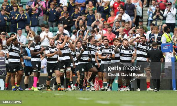 Barbarians players celebrate their sides victory following the International match between England and Barbarians at Twickenham Stadium on June 19,...