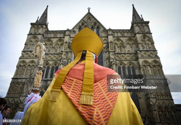 Bishop of Salisbury Stephen Lake outside Salisbury Cathedral after his inauguration, on June 19, 2022 in Salisbury, England. The Bishop of Salisbury...