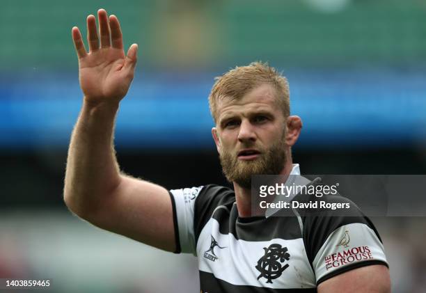 George Kruis of Barbarians acknowledges the fans following the International match between England and Barbarians at Twickenham Stadium on June 19,...