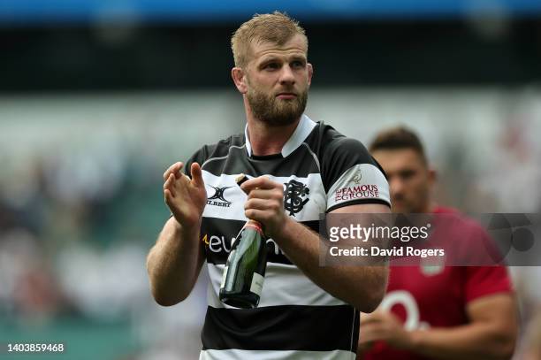 George Kruis of Barbarians acknowledges the fans following the International match between England and Barbarians at Twickenham Stadium on June 19,...