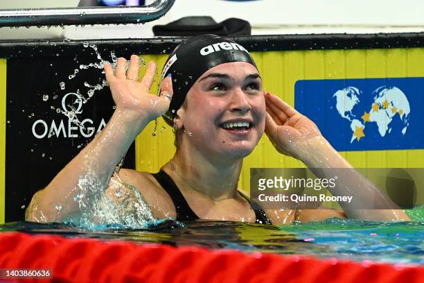 Benedetta Pilato of Team Italy reacts after finishing first in the Women's 100m Breaststroke Semi Final on day two of the Budapest 2022 FINA World...