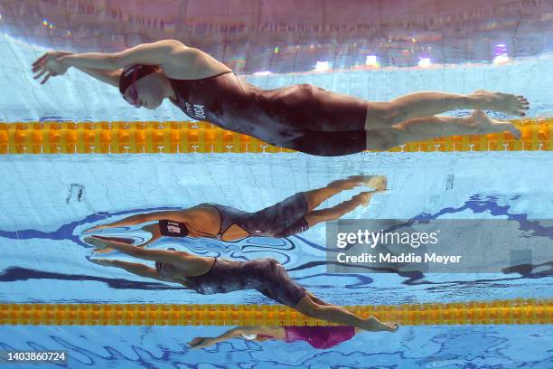 Claire Curzan and Torri Huske of Team United States compete in the Women's 100 Butterfly Final on day two of the Budapest 2022 FINA World...