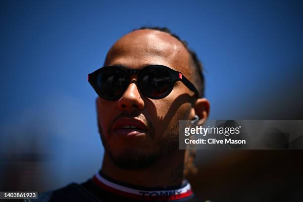 Lewis Hamilton of Great Britain and Mercedes looks on from the drivers parade ahead of the F1 Grand Prix of Canada at Circuit Gilles Villeneuve on...