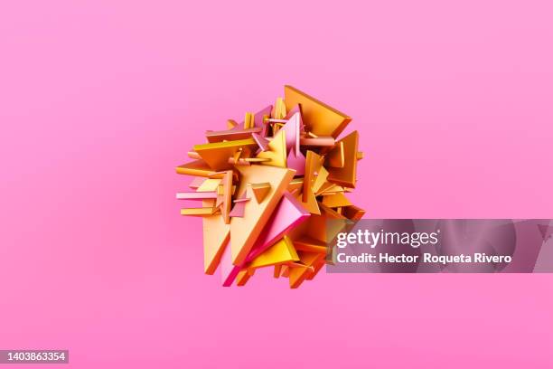 many geometric shape of yellow and orange color triangles in  pink background, 3d render - analytics logo stockfoto's en -beelden