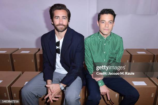 Jake Gyllenhaal and Rami Malek attend Prada Spring/Summer 2023 Menswear Fashion Show on June 19, 2022 in Milan, Italy.