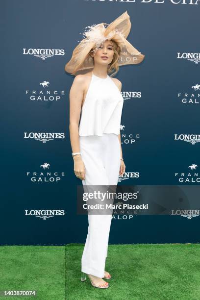 Actress Catherine Davydzenka attends the Prix de Diane Longines at Hippodrome de Chantilly on June 19, 2022 in Chantilly, France.