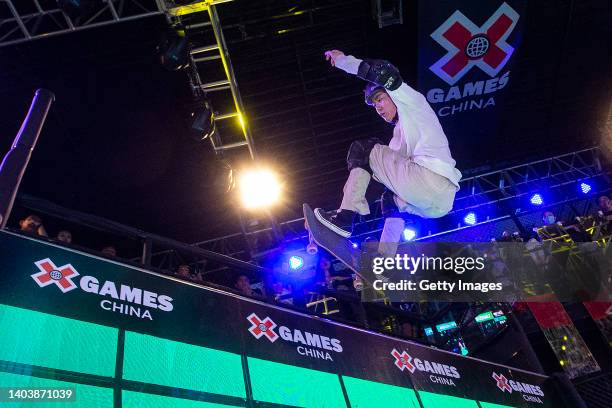 Li Yingcai of China skates during the X Games China 2022 skateboarding on June 19, 2022 in Wuhan, Hubei Province, China.The X Games has been in China...