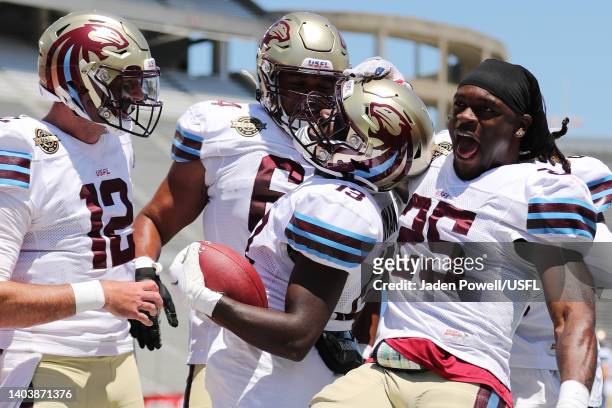 Michigan Panthers players celebrate after a touchdown by Ishmael Hyman of the Michigan Panthers in the first quarter of the game against the...