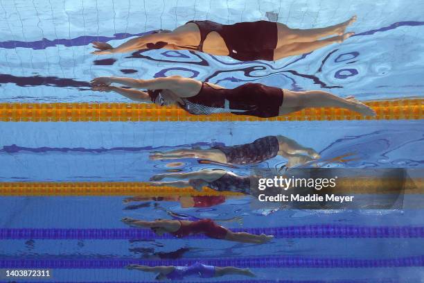 Alex Walsh of Team United States, Leah Hayes of Team United States, Mary-Sophie Harvey of Team Canada and Anastasia Gorbenko of Team Israelcompete in...