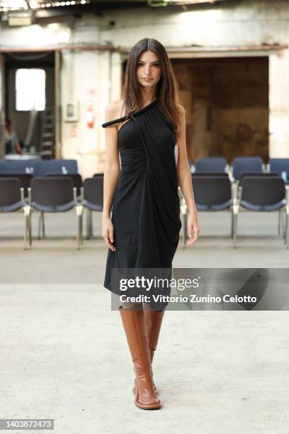 Emily Ratajkowski is seen on the front row at the JW Anderson fashion show during the Milan Fashion Week S/S 2023 on June 19, 2022 in Milan, Italy.