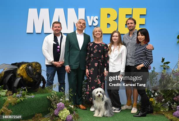 Greg McHugh, Rowan Atkinson, Claudie Blakley, India Fowler, Tom Basden, Jing Lusi and Pixel the dog attend the UK Premiere of "Man Vs Bee" at...