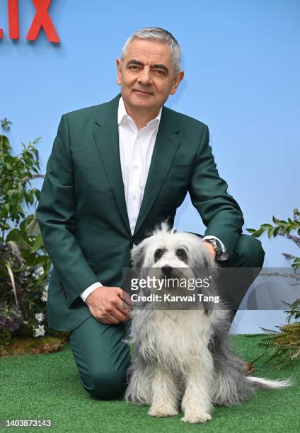 Rowan Atkinson with Pixel the Dog attend the UK Premiere of "Man Vs Bee" at Everyman Borough Yards on June 19, 2022 in London, England.