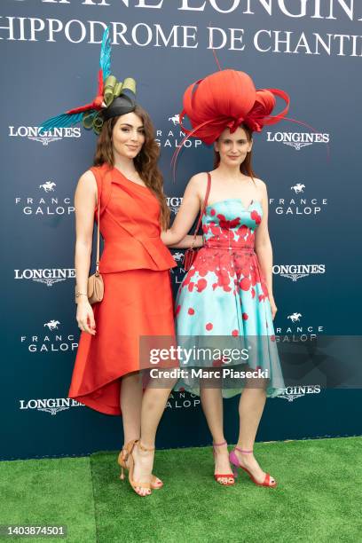 Lara Gautier and Agatha Maksimova attend the Prix de Diane Longines at Hippodrome de Chantilly on June 19, 2022 in Chantilly, France.