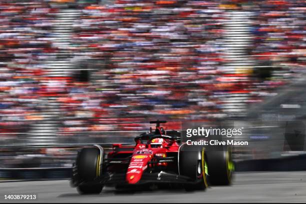 Charles Leclerc of Monaco driving the Ferrari F1-75 on track during the F1 Grand Prix of Canada at Circuit Gilles Villeneuve on June 19, 2022 in...