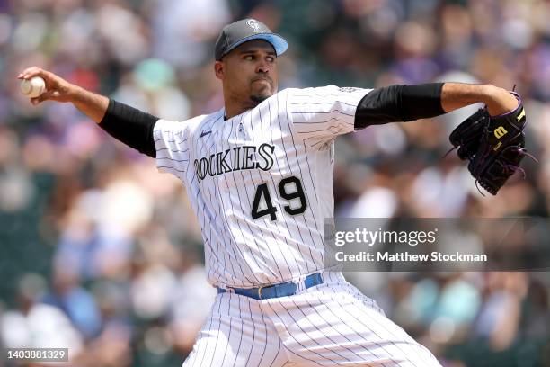 Starting pitcher Antonio Senzatela of the Colorado Rockies throws against the San Diego Padres in the first inning at Coors Field on June 19, 2022 in...