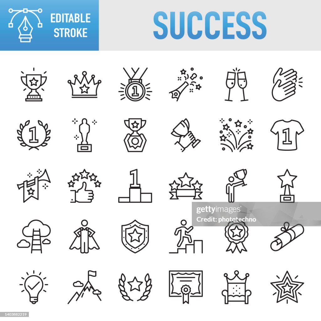 Success, Awards and Tropy - Thin line vector icon set. Pixel perfect. Editable stroke. For Mobile and Web. The set contains icons: Award, Trophy - Award, Success, Winning, Quality, Symbol, Diploma, Medal, Certificate, Achievement, Incentive