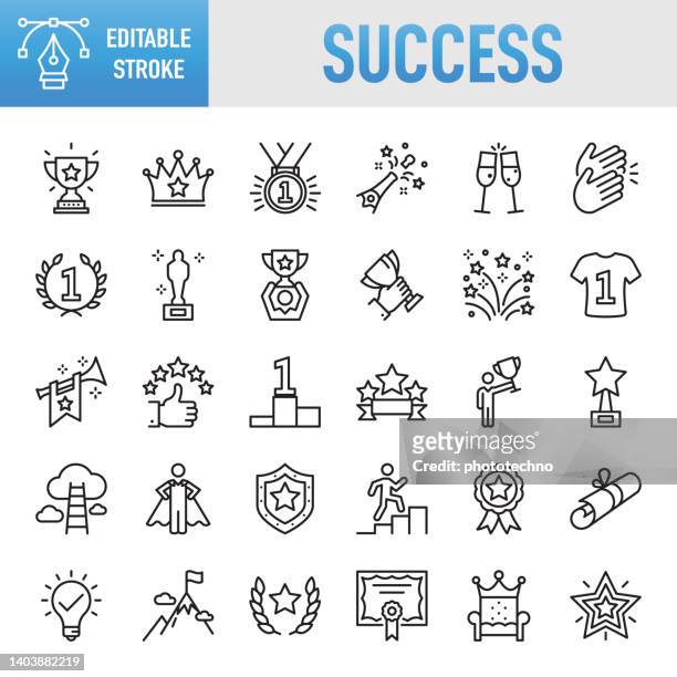 success, awards and tropy - thin line vector icon set. pixel perfect. editable stroke. for mobile and web. the set contains icons: award, trophy - award, success, winning, quality, symbol, diploma, medal, certificate, achievement, incentive - success stock illustrations