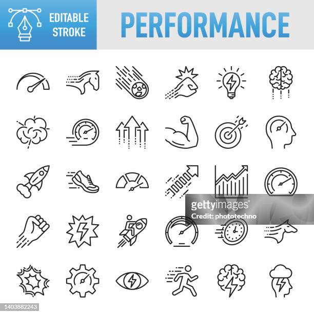 performance - thin line vector icon set. pixel perfect. editable stroke. for mobile and web. the set contains icons: performance, speed, growth, strength, improvement, development, business, internet, running, efficiency, progress - learning objectives icon stock illustrations
