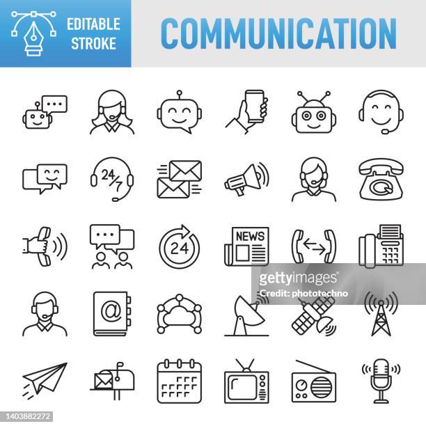 modern universal business communication line icon set - thin line vector icon set. pixel perfect. editable stroke. for mobile and web. the set contains icons: communication, connection, internet, technology, business, e-mail,using phone, social media, dis - phone line icon stock illustrations
