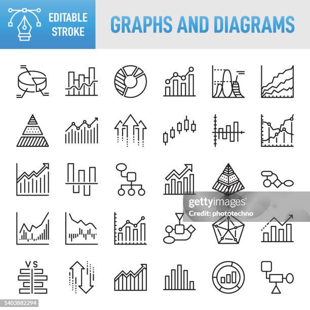 illustrazioni stock, clip art, cartoni animati e icone di tendenza di grafico e diagramma - set di icone vettoriali a linee sottili. pixel perfetto. tratto modificabile. per mobile e web. il set contiene icone: grafico, grafico, dati, crescita, progresso, miglioramento, sviluppo, analisi, business, finanza, borsa e scambio,  - circle graph