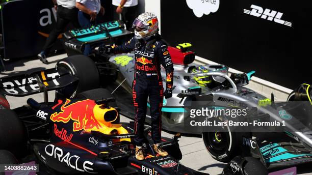 Race winner Max Verstappen of the Netherlands and Oracle Red Bull Racing celebrates in parc ferme during the F1 Grand Prix of Canada at Circuit...