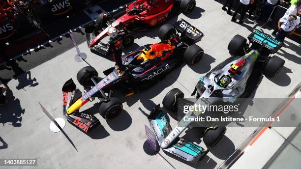 Race winner Max Verstappen of the Netherlands and Oracle Red Bull Racing celebrates in parc ferme during the F1 Grand Prix of Canada at Circuit...