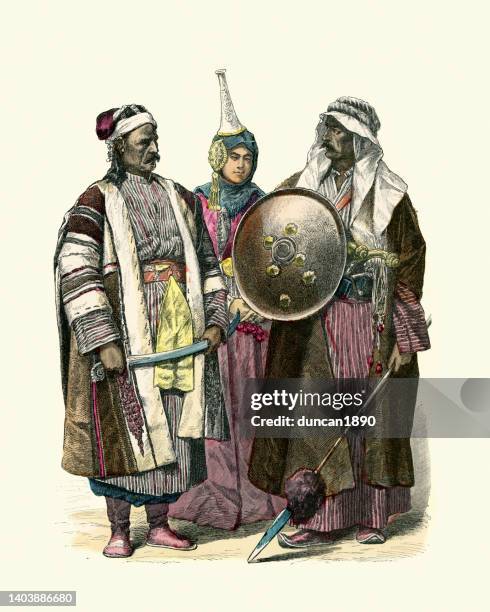 stockillustraties, clipart, cartoons en iconen met traditional costumes of the middle east, 19th century. balka, syria, woman of damascus and arab of baghdad, history fashion 19th century - iraaks