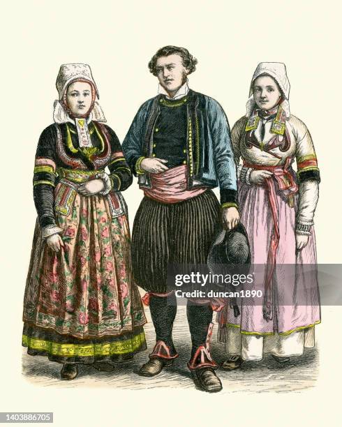 bildbanksillustrationer, clip art samt tecknat material och ikoner med traditional costumes of france, man and women of brittany, 19th century, history fashion - bonnet