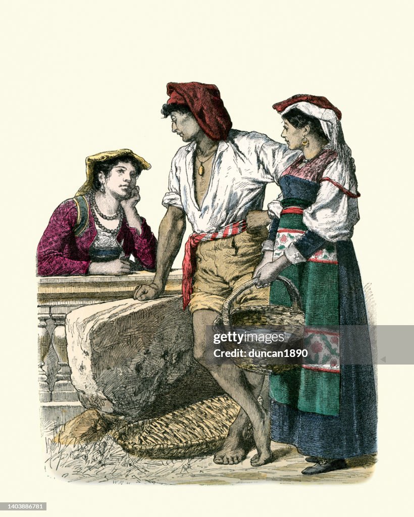 Italian traditional dress, Women and man of Naples, Italy, History fashion 19th Century