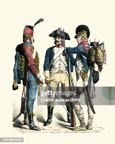 French soldiers of late 18th Century, Hussar, Line Cavalry, and Infantry, Military History Uniforms and Weapons French soldiers of late 18th Century, Hussar, Line Cavalry, and Infantry, Military History Uniforms and Weapons