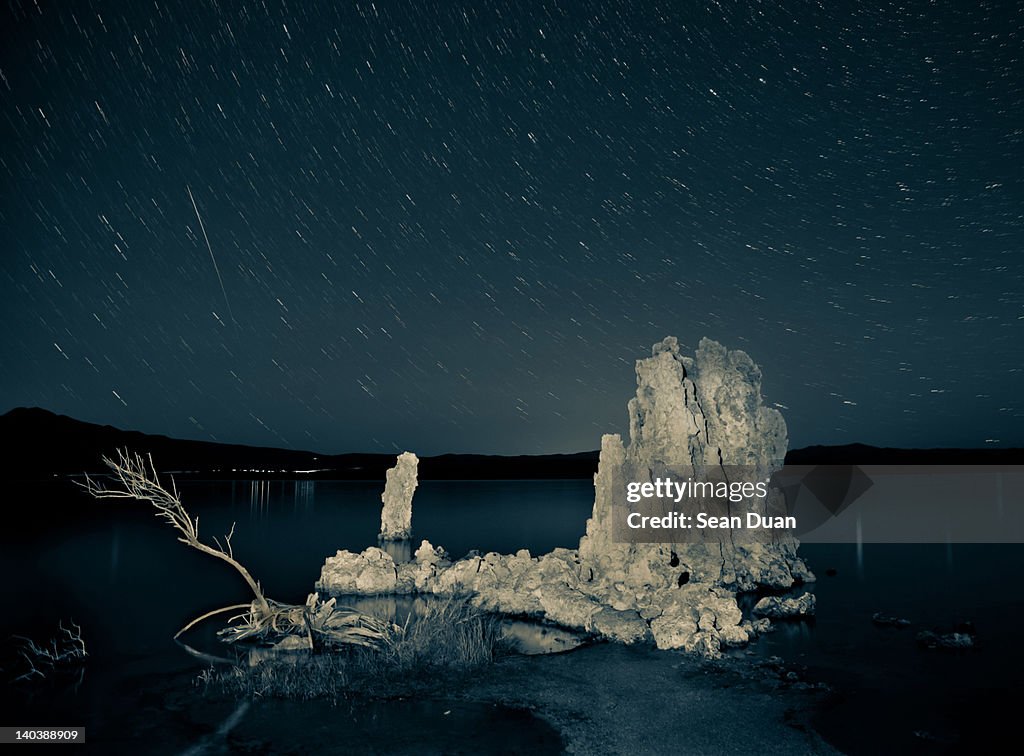 Shooting star falling on mono lake