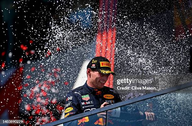 Race winner Max Verstappen of the Netherlands and Oracle Red Bull Racing celebrates on the podium during the F1 Grand Prix of Canada at Circuit...